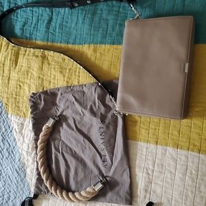 All Saints leather tan crossbody bag with black and rope straps and dust bag